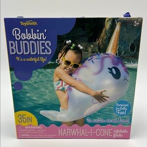 Toysmith Bobbin Buddies 35 Inch Narwhal Inflatable Pool Float with Gold Horn New